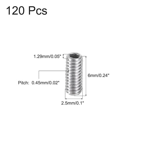 uxcell 120Pcs Hex Socket Grub Screw, M2.5x6mm 304 Stainless Steel Head Socket Set Screws Flat Point Grub Bolt for Door Handles, Light Fixture Repair