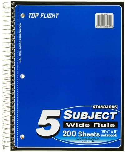 Top Flight Standards 5-Subject Wirebound Notebook, 200 Sheets, 3-Hole Punched, Wide Rule, 10.5 x 8 Inches, 1 Notebook, Color May Vary (31412) by Top Flight