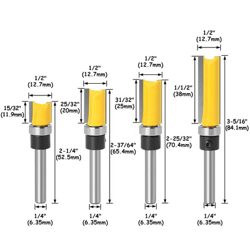 4Pcs Pattern Flush Trim Router Bit Set 1/4 Inch Shank Carbide Straight Cut Router Bit Cutting Length 15/32", 25/32", 31/32", 1-1/2" Template Guide Woodworking Milling Cutter Tool