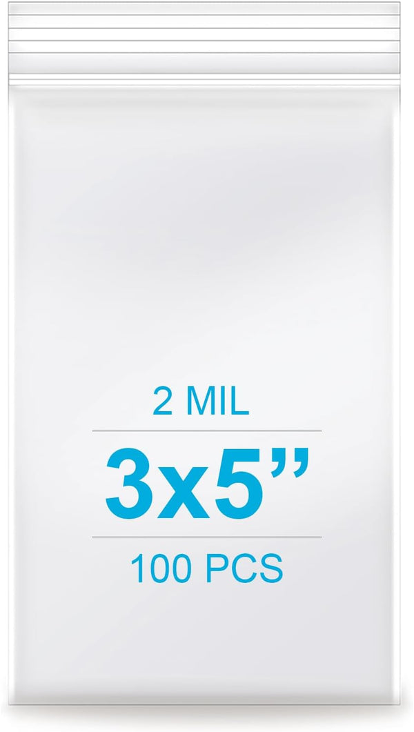 3''x 5'' (Pack of 100) 2 mil Thick Clear Reclosable Zip Poly Bags with Zipper for Jewelry, Bakery, Travel