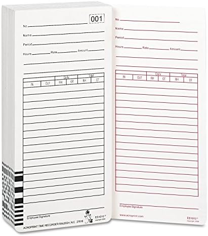 Acroprint Es1000 100/Pack Time Card for Electronic Totalizing Payroll Recorder