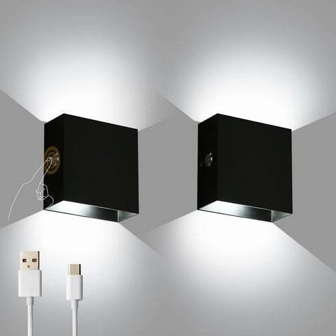 Indoor Wall Sconces Battery Operated Set of 2, Rechargeable Wall Lights Black