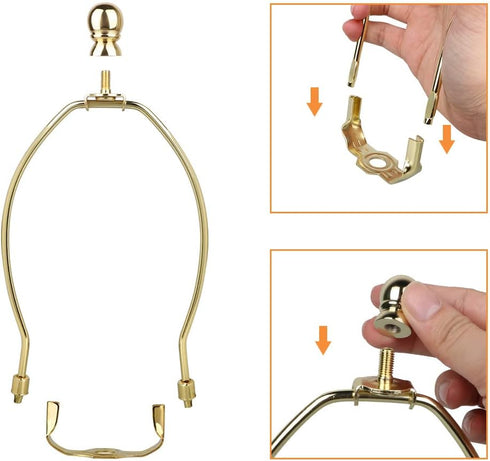 Helunsi 8 Inch Lamp Harp, 2 Set Gold Lamp Shade Holder with Finial, DIY Replacement Adapter for Table & Floor Lamps
