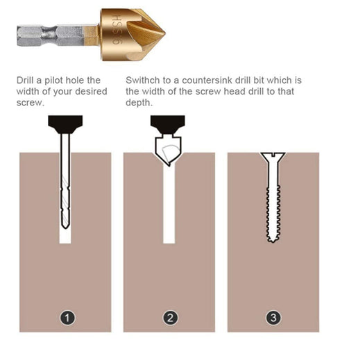 Countersink Drill Bit Set, 3 Pcs 1/4'' Hex Shank High Carbon Steel 5 Flute Countersink Tool Sets