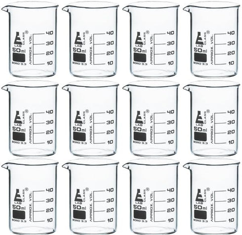 EISCO 12PK Beakers, 50mL - Borosilicate Glass, Low Form with 10mL Graduations