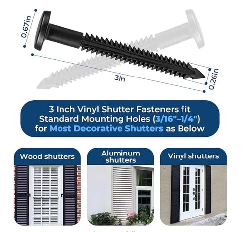 WindowPro 60 3 Inch Pcs Vinyl Shutter Fastener Window Panel Peg Lok Pin Pegs Screws Shutter Spikes Anchor (Black)