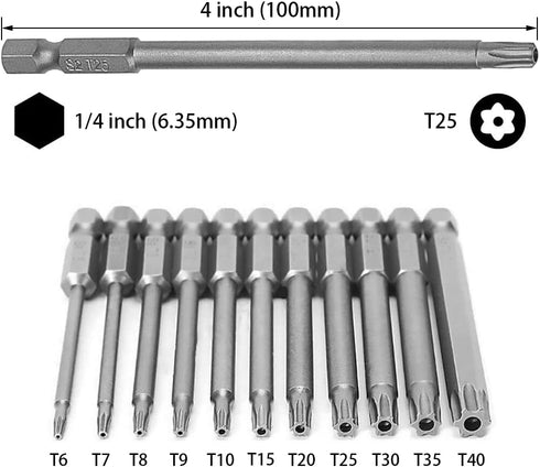 11PCS Torx Head Screwdriver Bit Set, 1/4 inch Hex Shank S2 Steel, Magnetic Security T6-T40