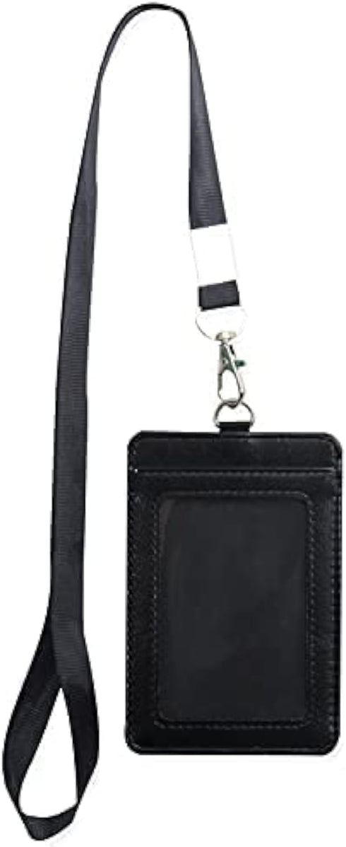 Badge Holder with Detachable Lanyard, Vertical PU Leather ID Holder with Clear ID Window & Card Slot (Black)