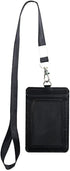 Badge Holder with Detachable Lanyard, Vertical PU Leather ID Holder with Clear ID Window & Card Slot (Black)