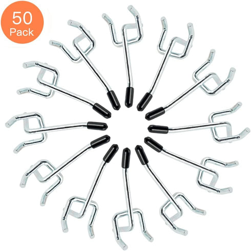 Pegboard Hooks, 2 Inch 50-pack,Sturdy and Durable L Shape Galvanized Metal suitbale for 1/4 and 1/8 Pegboard Hooks with Rubber Tipped,Pegboard Hooks for Garage,Office,Kitchen,Store(Silver) by Rawall