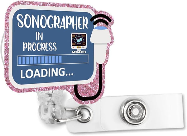 Sixrip Sonographer in Progress Funny Retractable Glitter Badge Reel with Alligator Clip, Sonographer