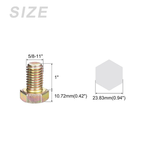 Hex Bolts (5/8-11x1") 10Pcs, Fully Threaded Carbon Steel Zinc Plated Coarse Thread UNC Hex Head Screw Bolt - Yellow