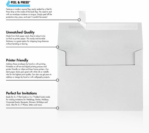 LUXPaper A7 Invitation Envelopes for 5 x 7 Cards in 80 lb. Gray, Printable with Peel and Press Seal, 50 Pack