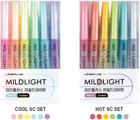 LINEPLUS Mildlight Highlighter Cool 6-Color Set, Soft Pastel Colors for Note-taking and Studying