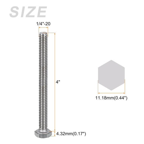 20Pcs Hex Bolts (1/4-20x4"), 304 Stainless Steel UNC Fully Threaded Hex Head Screw Bolt for Furniture Repair