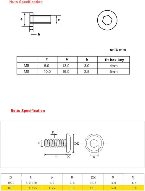 binifiMux 10-Set M6x25mm Rivet Countersunk Hex Socket Cap Bolts and Hex Head Barrel Nuts for Furniture