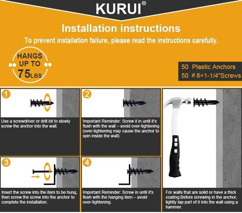 KURUI #8 Self Drilling Drywall Anchors with Screws Kit, Heavy Duty for Hanging Sheetrock, 100PCs Mounting Hardware