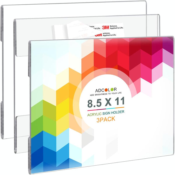 Wall Mount Sign Holder 8.5x11 Landscape, Clear Plastic Picture Frame with Double Sided Adhesive Tape, 3 Pcs