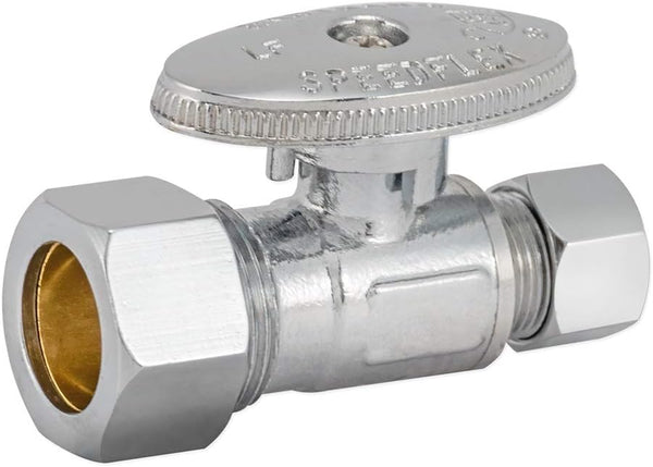 Eastman Quarter-Turn Straight Stop Valve, 5/8 Inch OD Compression Inlet x 3/8 Inch OD Compression Outlet, Chrome Plated