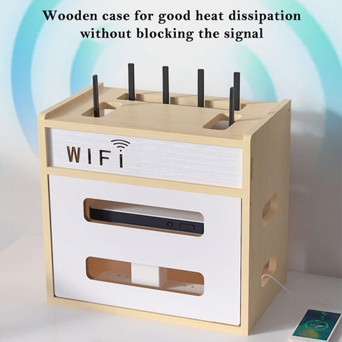 Haiansan Wooden Router Shelf, Desktop WiFi Router Storage Box Modem Rack, Power Router Fences Standing Shelf Units