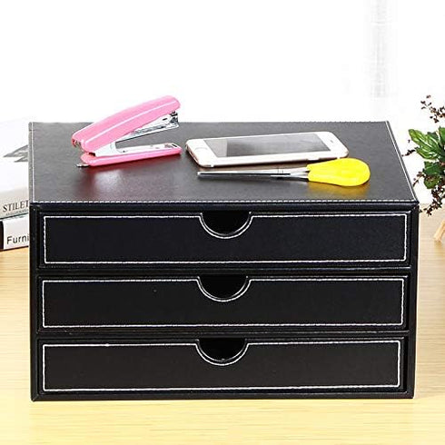 Ayunga Leather Desk Organizer with 3 Drawers, Executive Desktop Filing Cabinet for Jewelry, Bills, Documents (Black)