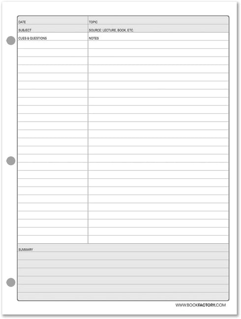 BookFactory Universal Note Taking System (Cornell Notes) / 3 NoteTaking Pads - 3 Pads, 50 Pages, 8 1/2" x 11" - Notepad (PAD-052-7C(UnivNote)) by BookFactory