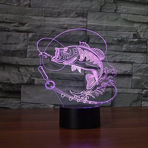 Jinnwell 3D 7 Fishing Fish Night Light Lamp Illusion Night Light Color Changing Touch Switch Table Desk Decoration