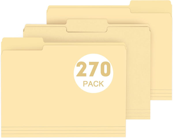 PANDRI 270 Pack File Folder | 1/3 Cut Tab | Letter Size Filing Folder for Office, School, Business | Manila