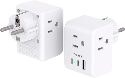 2 Pack Germany France Travel Plug Adapter, 3 Outlets with USB Ports, Type E/F