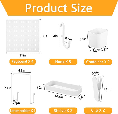 16pcs Plastic White Pegboard Wall Organizer Kits, 4pcs Peg Board and 12 Accessories for Home Office Garage