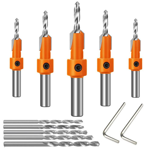 ASNOMY 10Pcs Wood Countersink Drill Bit Set, 5Pcs Countersink Bits with Extra Pilot Drill Bits for Woodworking