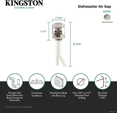 Kingston Brass K511PN Heritage Dishwasher Air Gap in Polished Nickel
