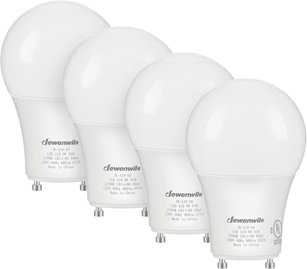 DEWENWILS GU24 LED Light Bulb, 60W Equivalent, 9W 800 Lumens, Dimmable 2 Prong, 2700K Warm White, A19 Shape, 4 Pack