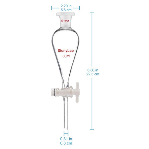 stonylab Borosilicate Glass 60 ml Heavy Wall Conical Separatory Funnel with PTFE Stopcock, 19/26 Joints