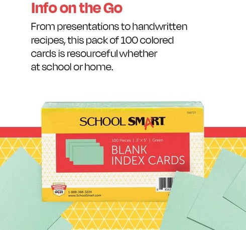 School Smart Blank Plain Index Cards, 3 x 5 Inches, Green, Pack of 100