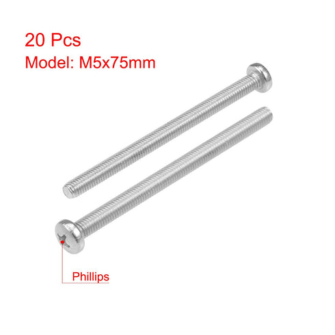 uxcell M5x75mm Machine Screws Phillips Cross Pan Head Screw 304 Stainless Steel Fasteners Bolts 20Pcs