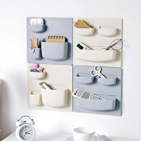 Modern Grey Wall Desk Organizer, 2 Parts with 6 Pockets and Adhesive Holder Shelves for Home or Office Storage