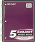 Top Flight Standards 5-Subject Wirebound Notebook, 180 Sheets, 3-Hole Punched, Wide Rule, 10.5 x 8 Inches