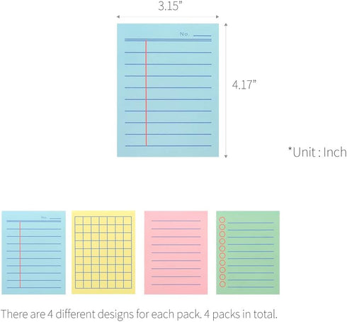 Monolike Memopad Boldline Color Design SET, 4 Packs, 100 Sheets Per Pad, Total 400 Sheets