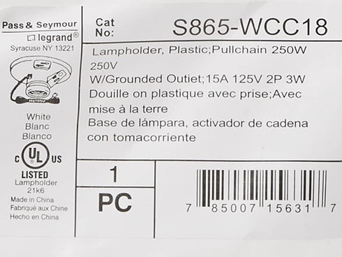 Legrand Pass & Seymour S865WCC18 250W 250V Medium Base A26 Lampholder, White, Plastic, Pull Chain (1 Count)