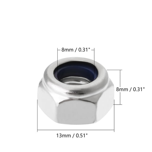 10Pcs M8 x 1.25mm Nylon Insert Hex Lock Nuts, 316 Stainless Steel for Machinery Shipbuilding, Silver Tone