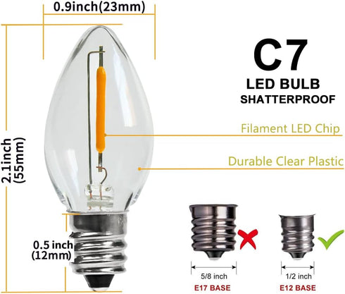 Bulbs, C7 Bulb E12 Bulbs, 0.6W 7W, 2200K, 50LM. 50 Count (Pack 1) KGC LED Night Light Shatterproof Replacement Led