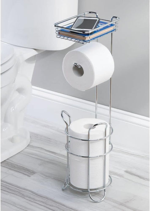 3 mDesign Steel Toilet Paper Holder with Storage Shelf - Concerto Collection - Chrome - Holds Rolls