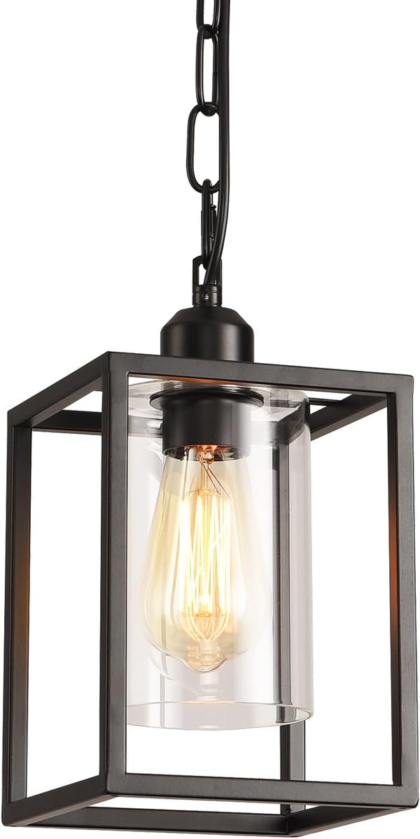 Farmhouse Pendant Light,Black Metal Frame Hanging Light Fixture with Clear Glass Shade