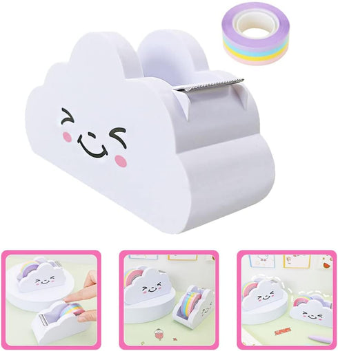 Girls Tape Dispenser Set, Cute Cloud Tape Dispenser + Rainbow Tape, Tape Cutter for Office Desk