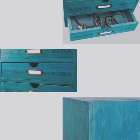Wooden Storage Box with 4 Drawers, Vintage Office Supplies Organizer, Rustic Jewelry Box (BLUE)
