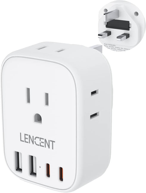 LENCENT US to UK Ireland Travel Plug Adapter, Type G Grounded Converter with 4 USB Chargers for USA to Dubai