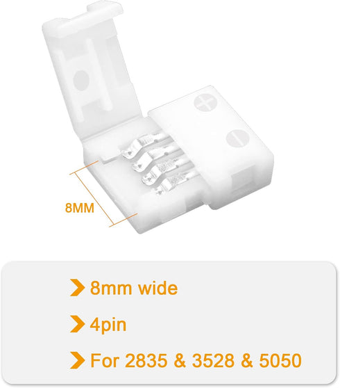 VIPMOON 20 Pack 4 Pin RGB 8mm Solderless Connectors Adapter for SMD 2835 3528 Non-Waterproof LED Strip Light