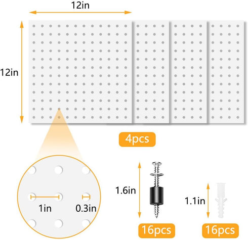 4PCS Pegboard,Metal PegBoard, Peg Board Wall Organizer, Pegboard Storage System for Workbench, Shop, Shed Modular Peg
