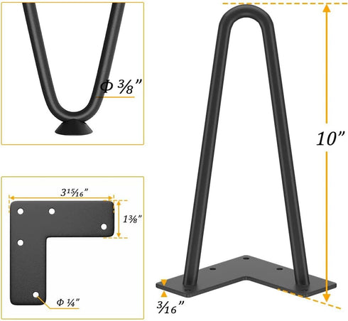 10 inch, 3/8" 4 Genius Iron Hairpin Furniture Legs Solid Metal Steel Firm Welding Home DIY for Couch Dresser Cabinet